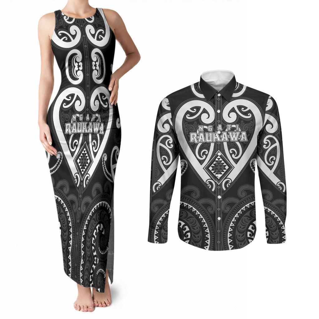 Custom Aotearoa Ngati Raukawa Couples Matching Tank Maxi Dress and Long Sleeve Button Shirt Maori Tribal Pattern