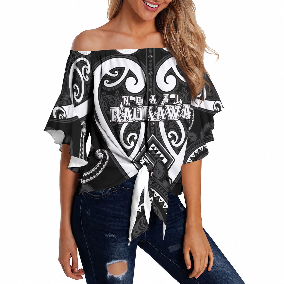 Custom Aotearoa Ngati Raukawa Off Shoulder Wrap Waist Top Maori Tribal Pattern LT05 - Polynesian Pride