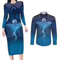 Polynesia Manta Ray Couples Matching Long Sleeve Bodycon Dress and Long Sleeve Button Shirt Let's The Sea Set You Free - Polynesian Pride