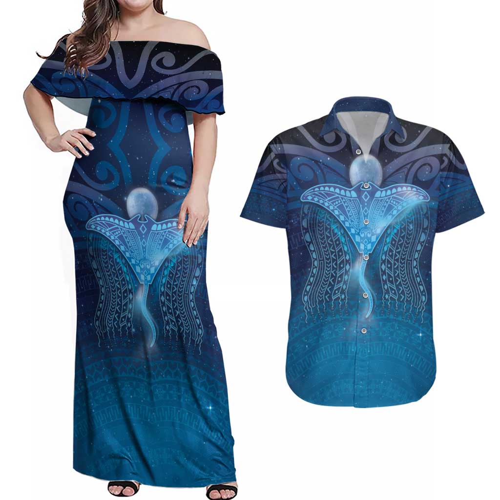 Polynesia Manta Ray Couples Matching Off Shoulder Maxi Dress and Hawaiian Shirt Let's The Sea Set You Free - Polynesian Pride