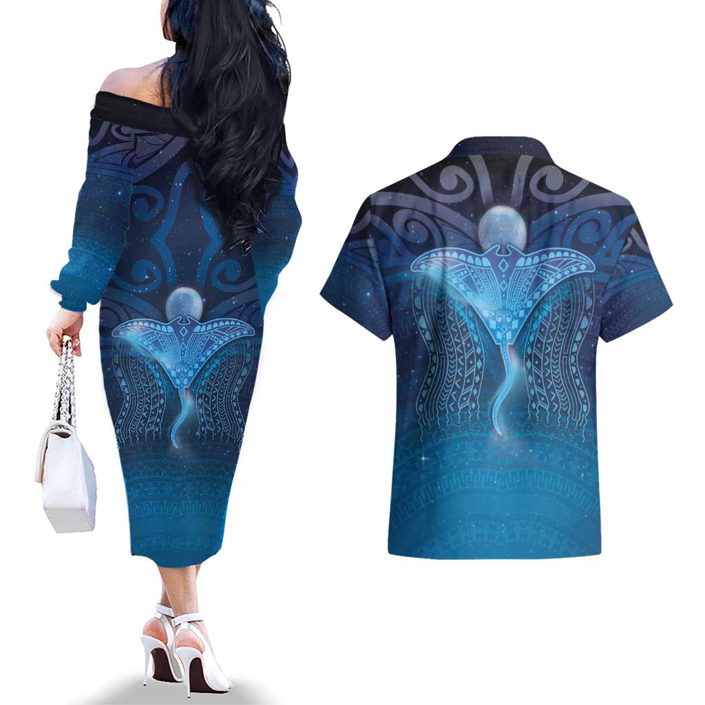 Polynesia Manta Ray Couples Matching Off The Shoulder Long Sleeve Dress and Hawaiian Shirt Let's The Sea Set You Free - Polynesian Pride