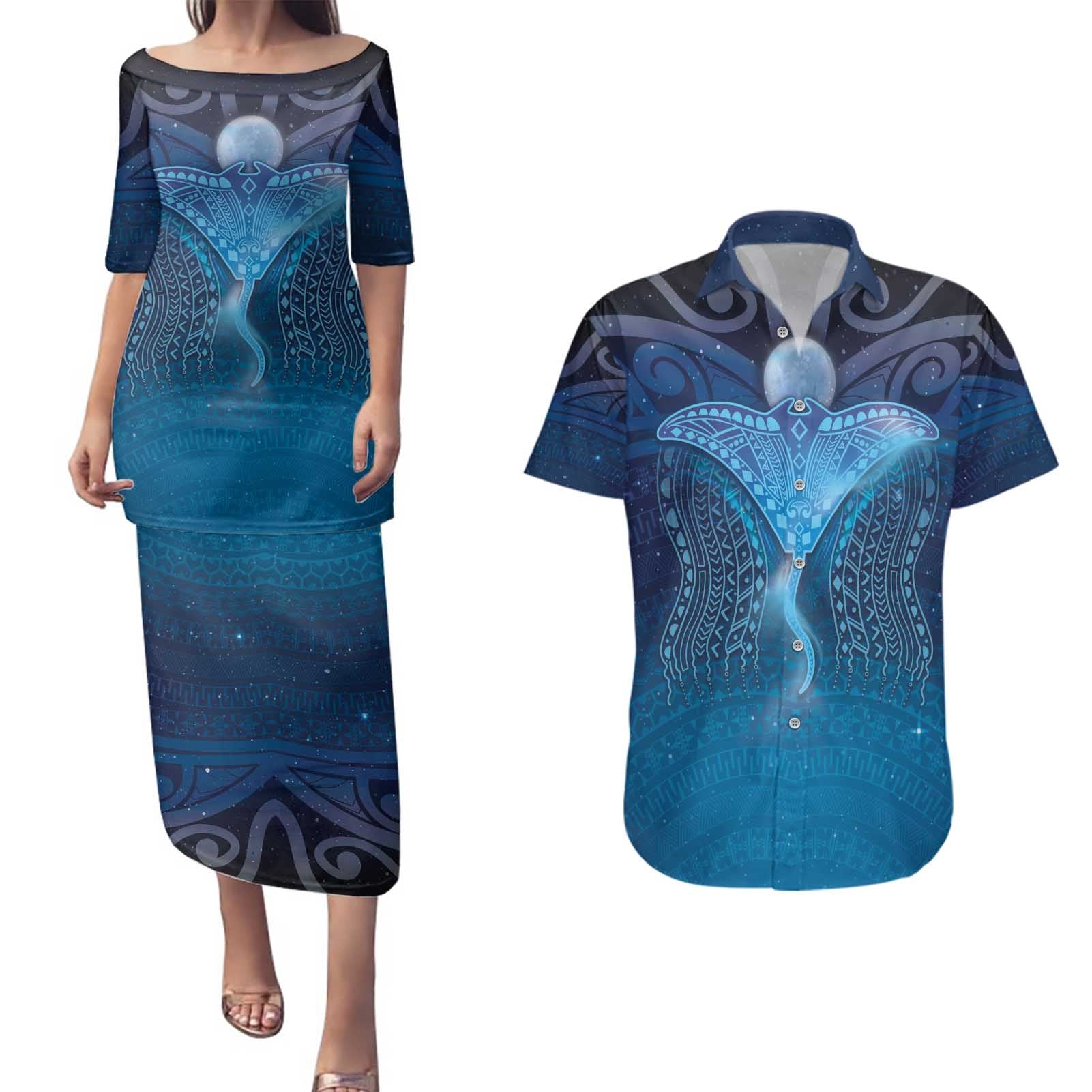Polynesia Manta Ray Couples Matching Puletasi and Hawaiian Shirt Let's The Sea Set You Free - Polynesian Pride