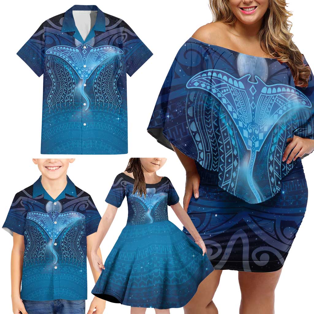 Polynesia Manta Ray Family Matching Off Shoulder Short Dress and Hawaiian Shirt Let's The Sea Set You Free - Polynesian Pride