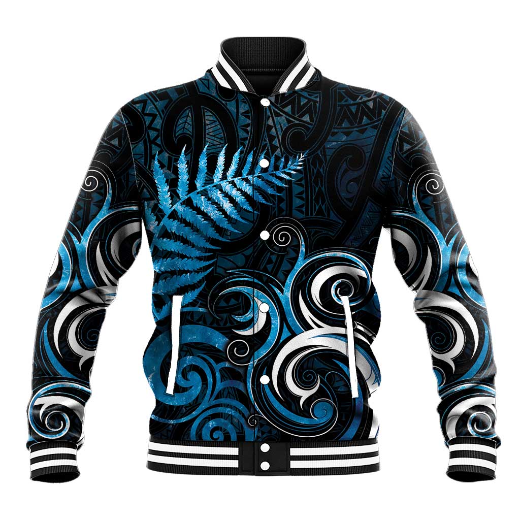 New Zealand Sea Week Baseball Jacket Maori Wave Pattern Ocean Blue