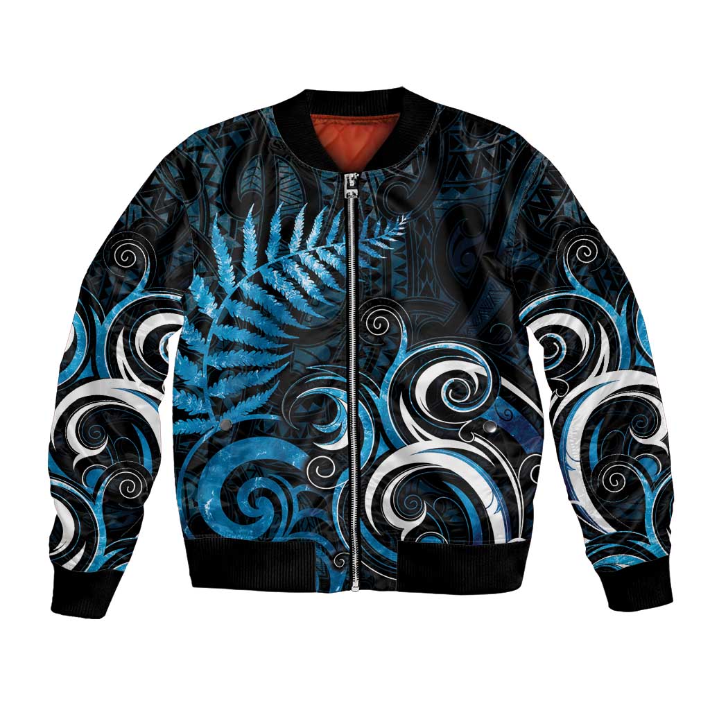 New Zealand Sea Week Bomber Jacket Maori Wave Pattern Ocean Blue