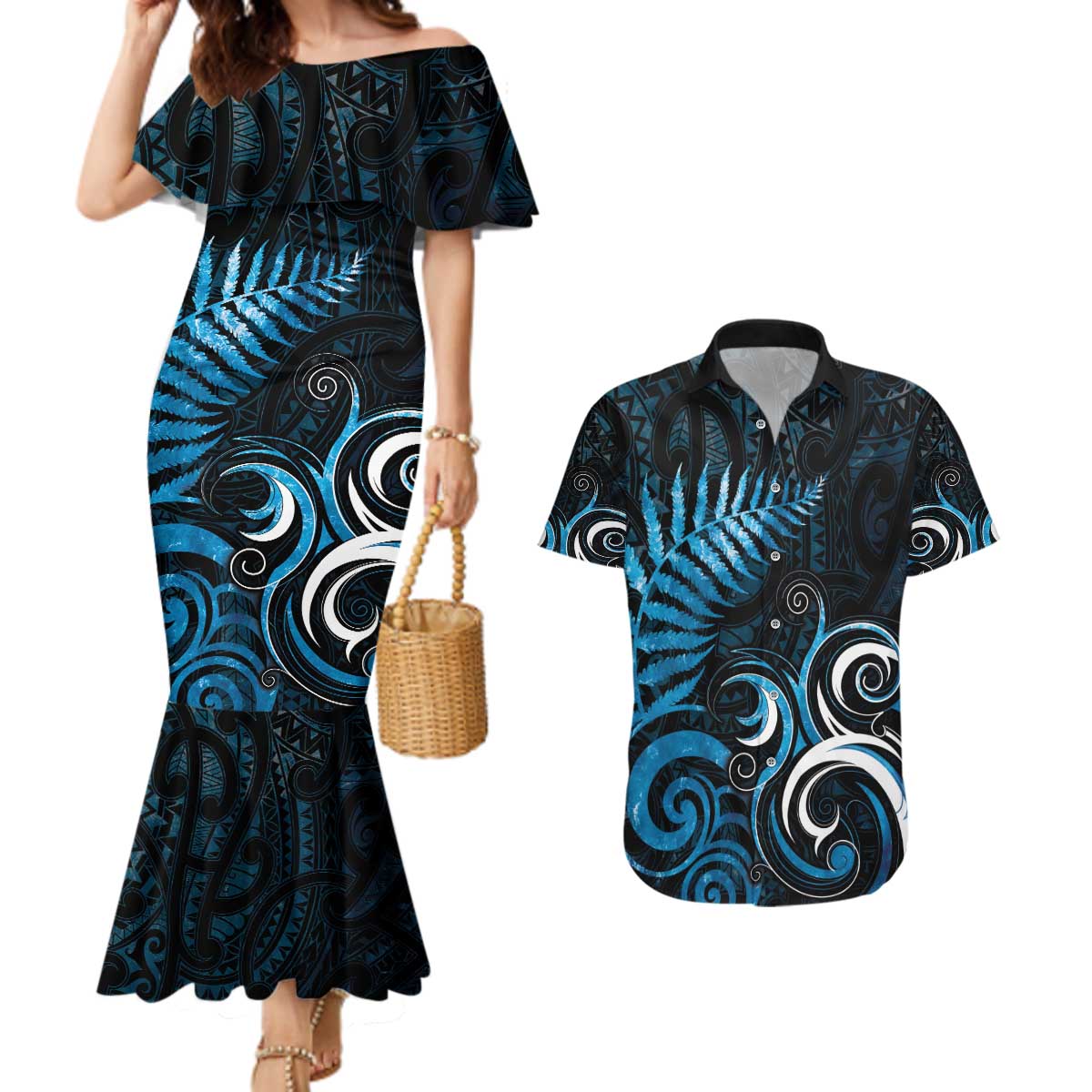 New Zealand Sea Week Couples Matching Mermaid Dress and Hawaiian Shirt Maori Wave Pattern Ocean Blue