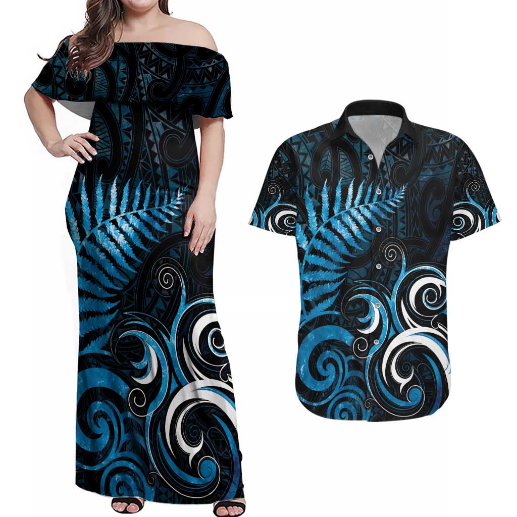 New Zealand Sea Week Couples Matching Off Shoulder Maxi Dress and Hawaiian Shirt Maori Wave Pattern Ocean Blue