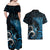 New Zealand Sea Week Couples Matching Off Shoulder Maxi Dress and Hawaiian Shirt Maori Wave Pattern Ocean Blue