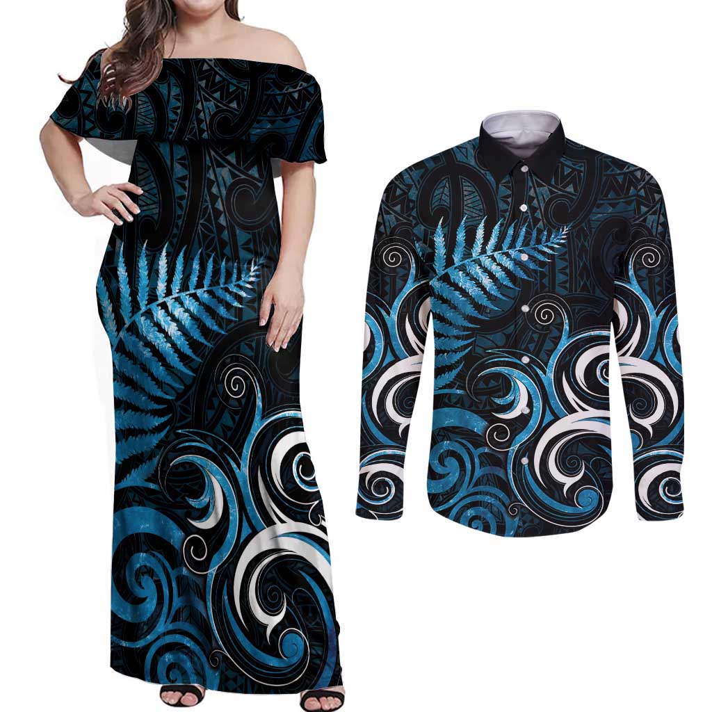 New Zealand Sea Week Couples Matching Off Shoulder Maxi Dress and Long Sleeve Button Shirt Maori Wave Pattern Ocean Blue