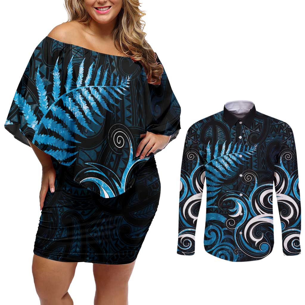 New Zealand Sea Week Couples Matching Off Shoulder Short Dress and Long Sleeve Button Shirt Maori Wave Pattern Ocean Blue