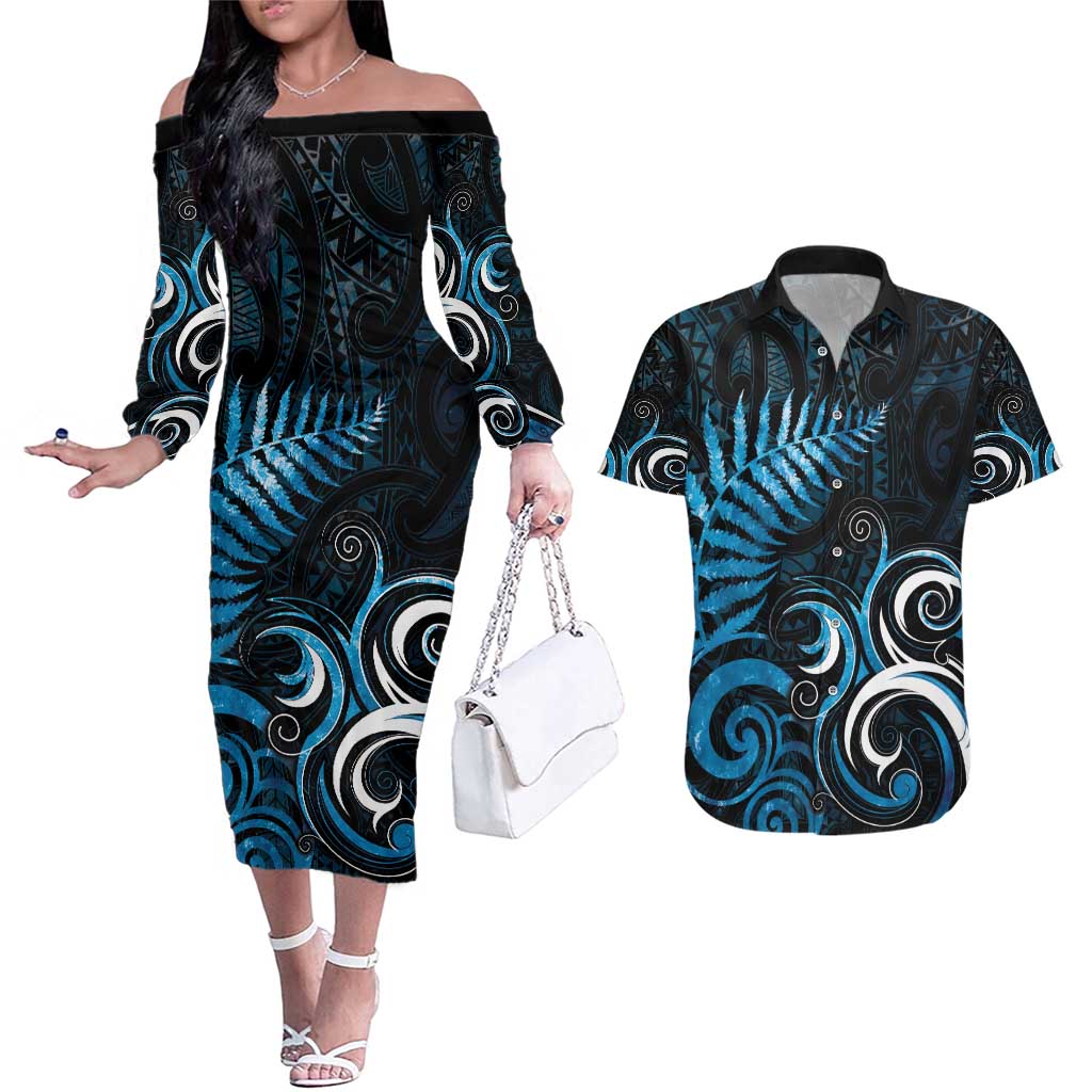 New Zealand Sea Week Couples Matching Off The Shoulder Long Sleeve Dress and Hawaiian Shirt Maori Wave Pattern Ocean Blue