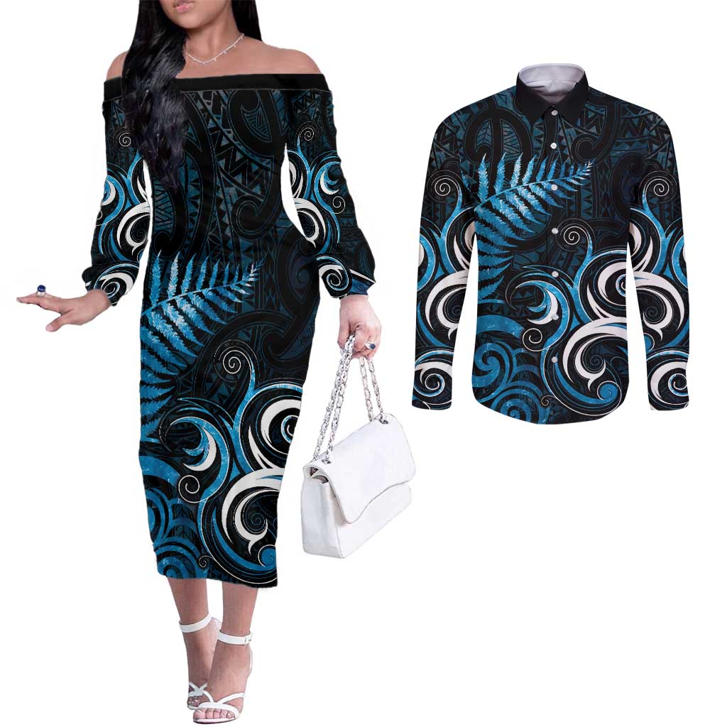 New Zealand Sea Week Couples Matching Off The Shoulder Long Sleeve Dress and Long Sleeve Button Shirt Maori Wave Pattern Ocean Blue