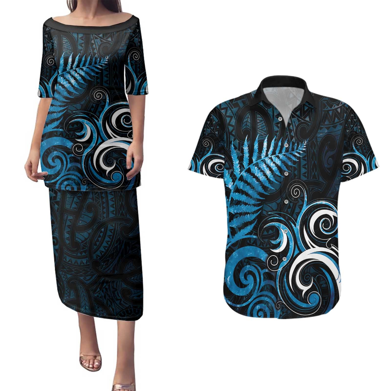 New Zealand Sea Week Couples Matching Puletasi and Hawaiian Shirt Maori Wave Pattern Ocean Blue