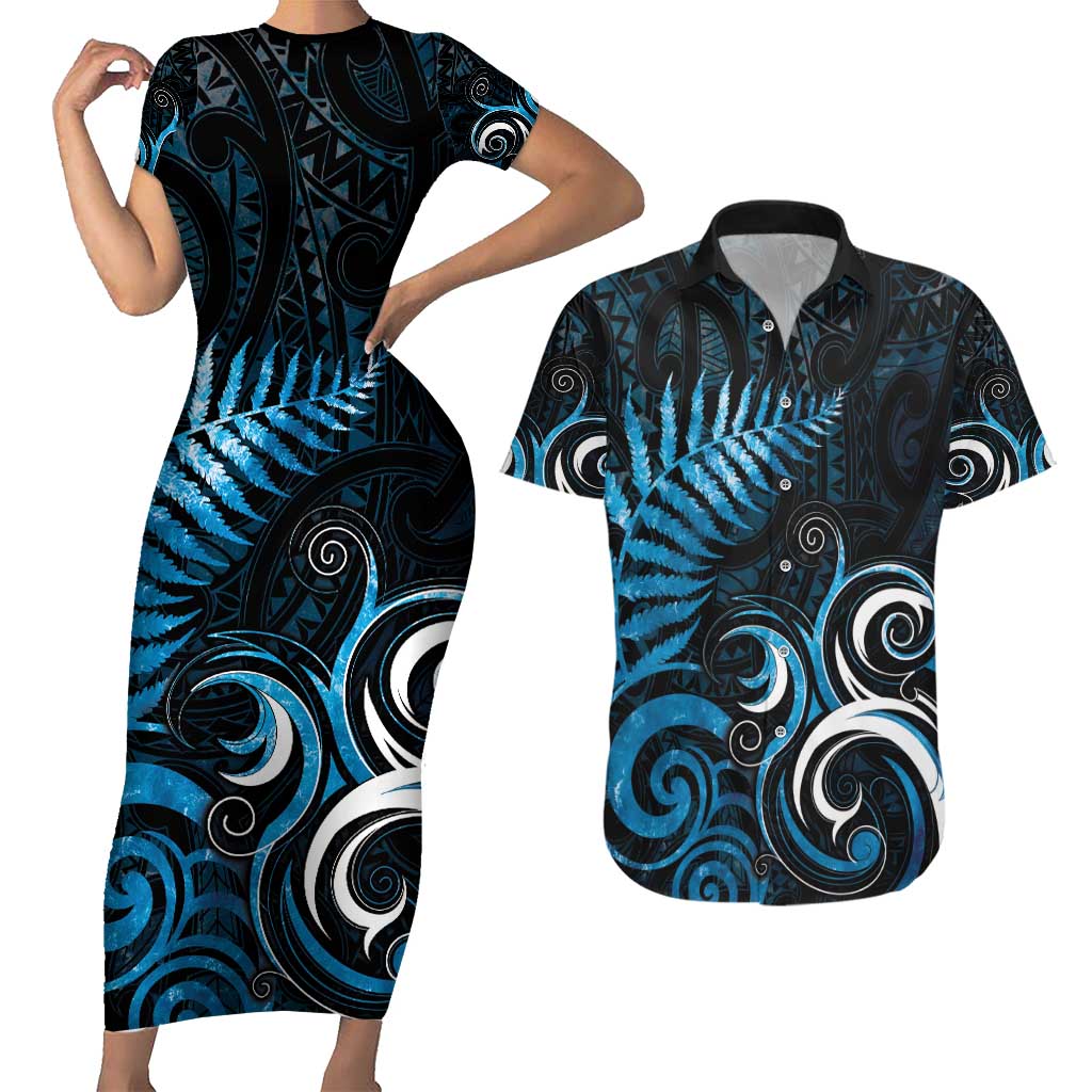 New Zealand Sea Week Couples Matching Short Sleeve Bodycon Dress and Hawaiian Shirt Maori Wave Pattern Ocean Blue