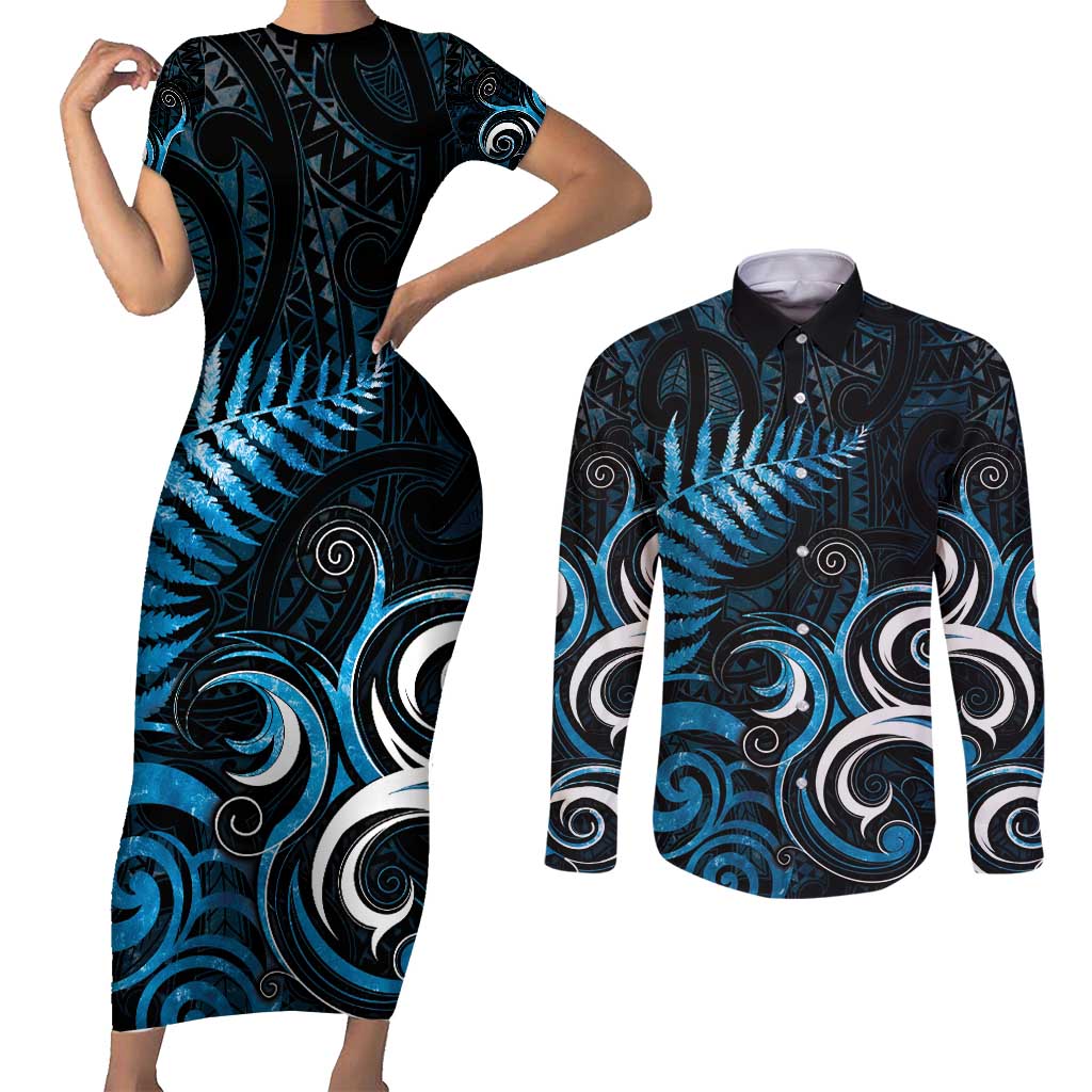 New Zealand Sea Week Couples Matching Short Sleeve Bodycon Dress and Long Sleeve Button Shirt Maori Wave Pattern Ocean Blue