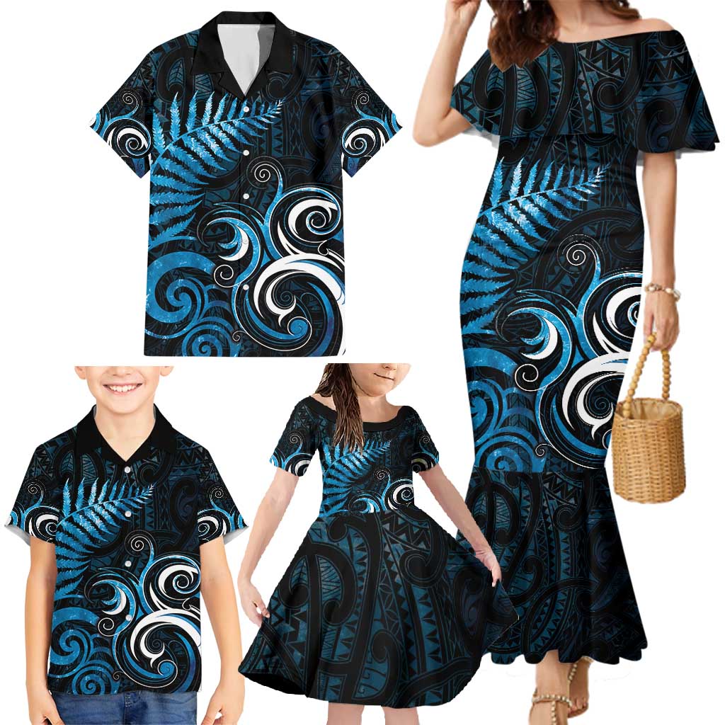 New Zealand Sea Week Family Matching Mermaid Dress and Hawaiian Shirt Maori Wave Pattern Ocean Blue