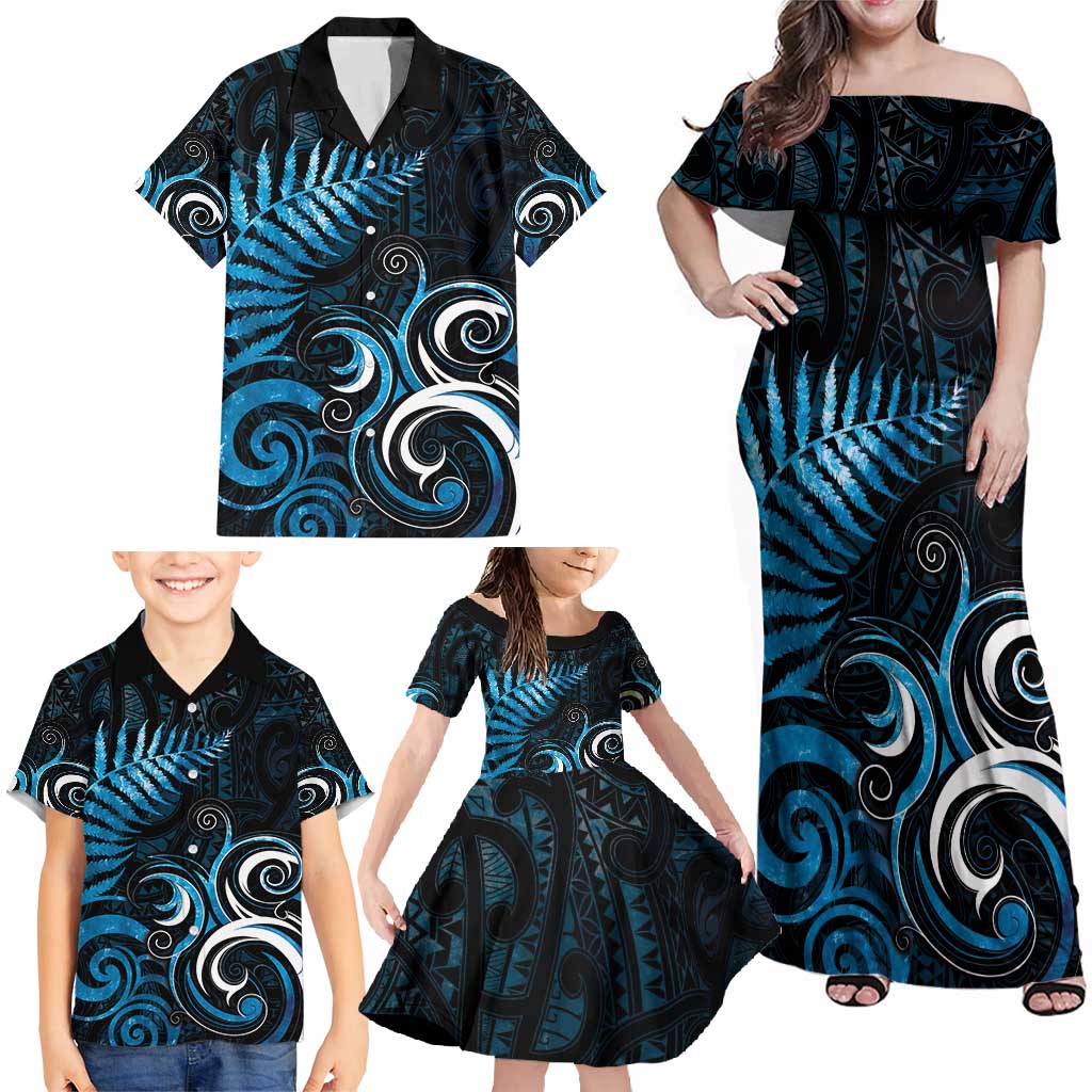 New Zealand Sea Week Family Matching Off Shoulder Maxi Dress and Hawaiian Shirt Maori Wave Pattern Ocean Blue