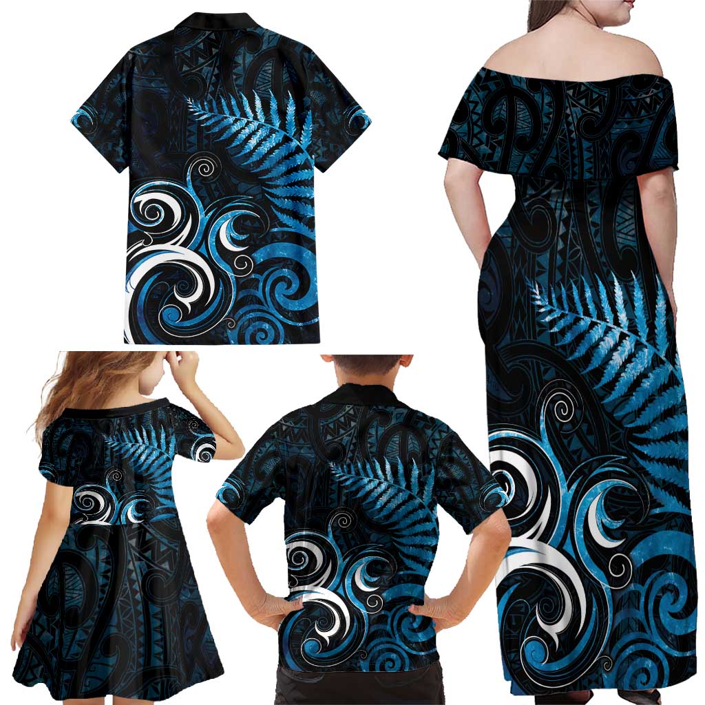 New Zealand Sea Week Family Matching Off Shoulder Maxi Dress and Hawaiian Shirt Maori Wave Pattern Ocean Blue