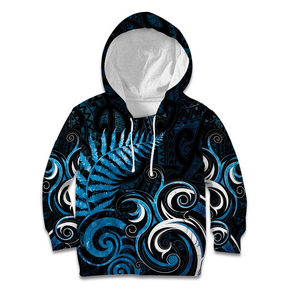 New Zealand Sea Week Kid Hoodie Maori Wave Pattern Ocean Blue