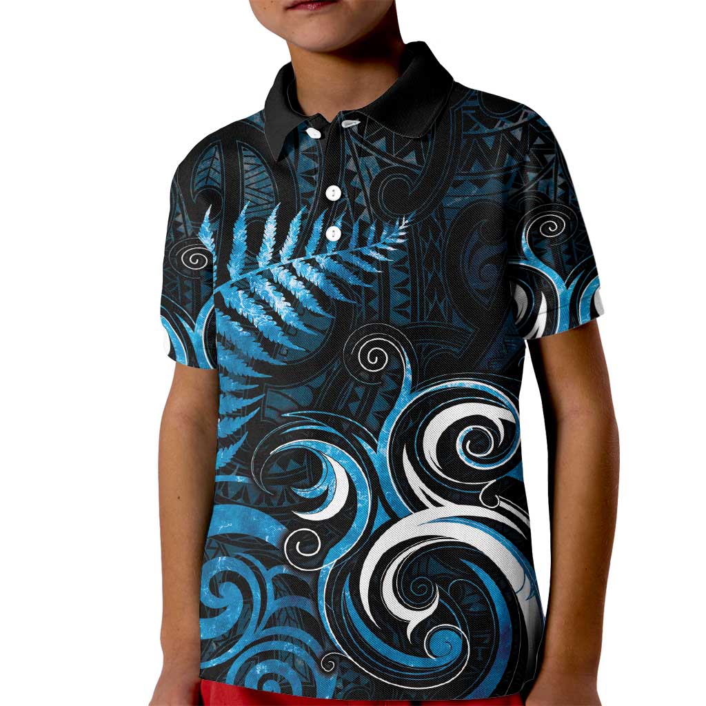 New Zealand Sea Week Kid Polo Shirt Maori Wave Pattern Ocean Blue