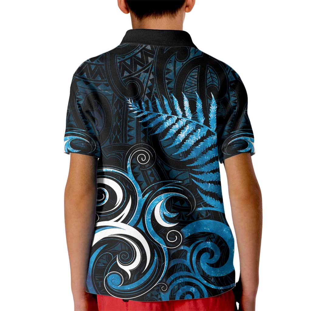 New Zealand Sea Week Kid Polo Shirt Maori Wave Pattern Ocean Blue