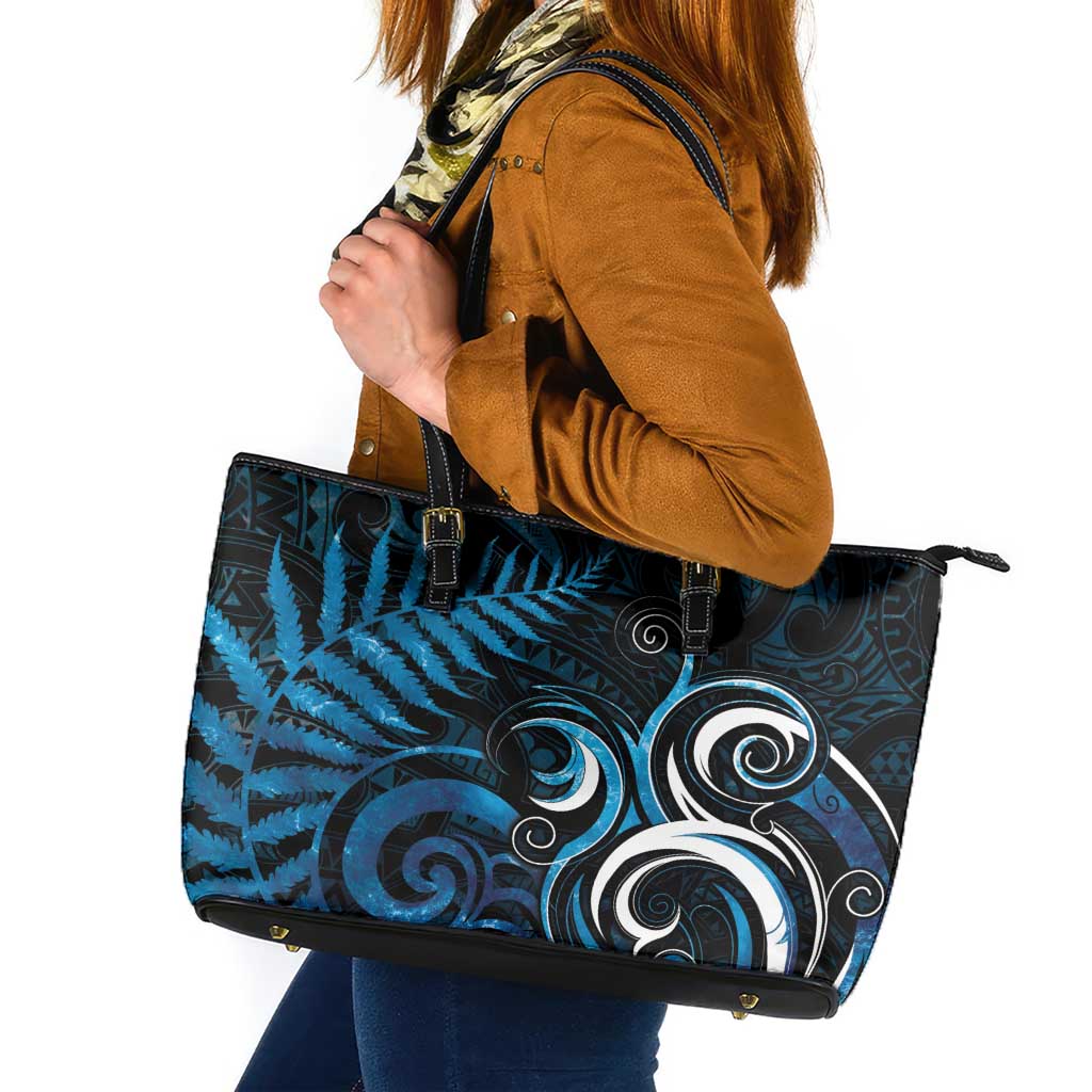 New Zealand Sea Week Leather Tote Bag Maori Wave Pattern Ocean Blue