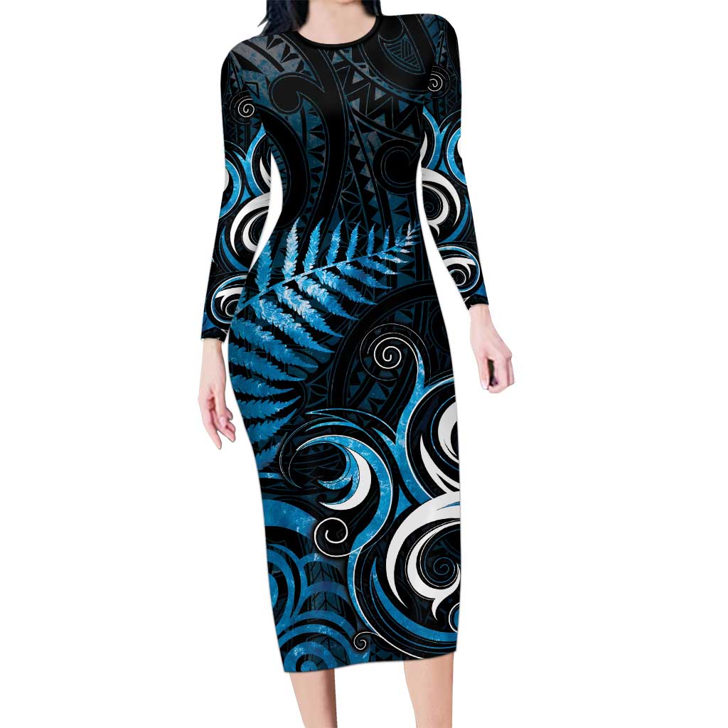 New Zealand Sea Week Long Sleeve Bodycon Dress Maori Wave Pattern Ocean Blue