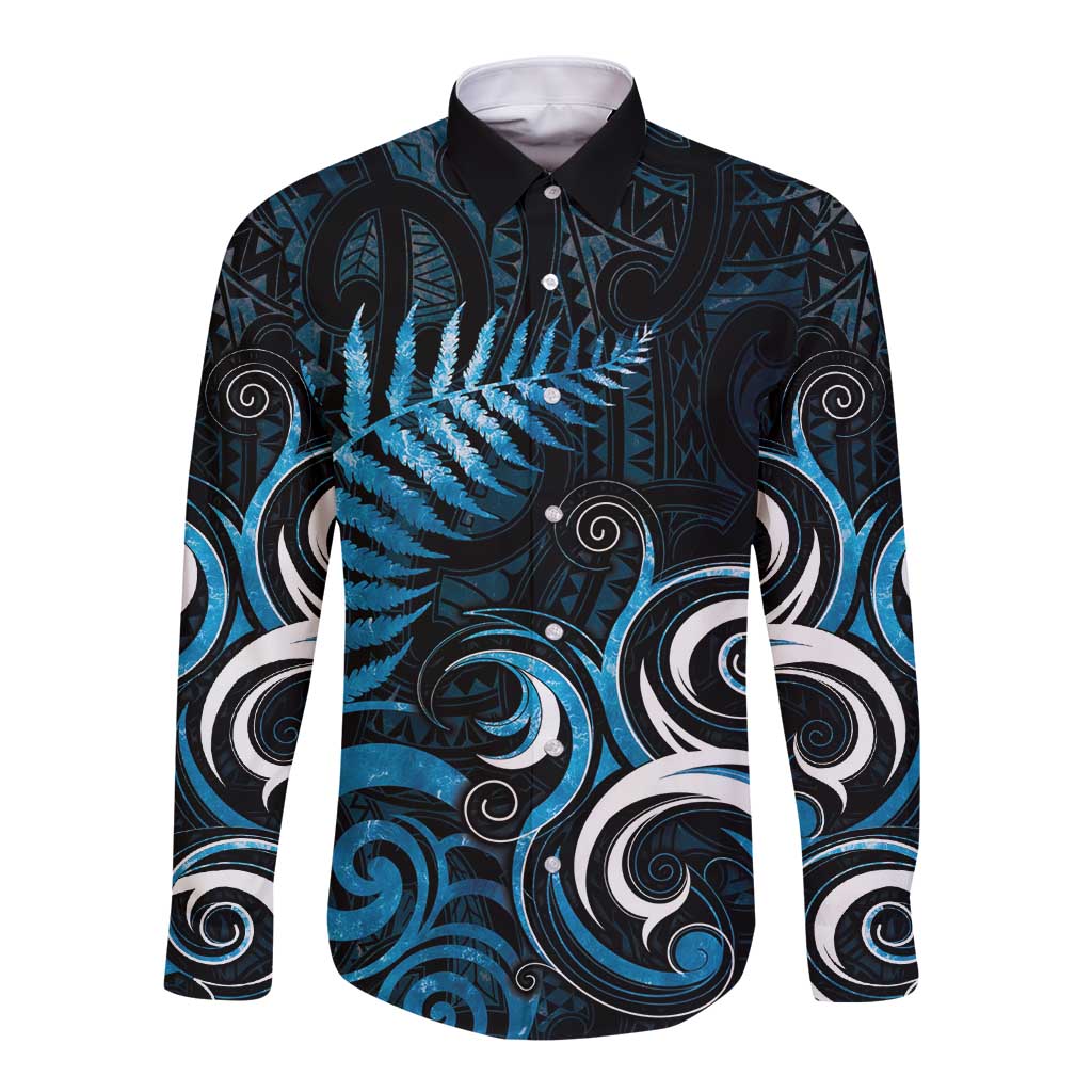 New Zealand Sea Week Long Sleeve Button Shirt Maori Wave Pattern Ocean Blue