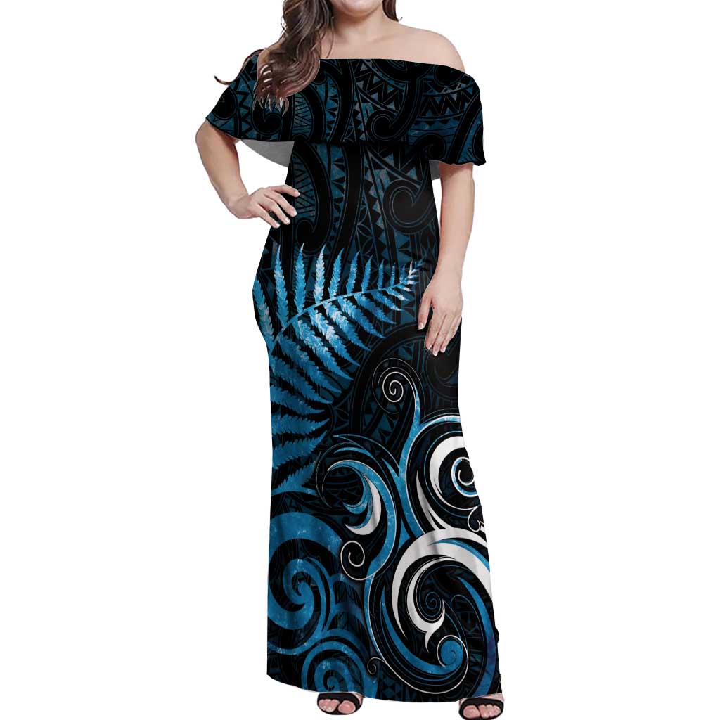 New Zealand Sea Week Off Shoulder Maxi Dress Maori Wave Pattern Ocean Blue