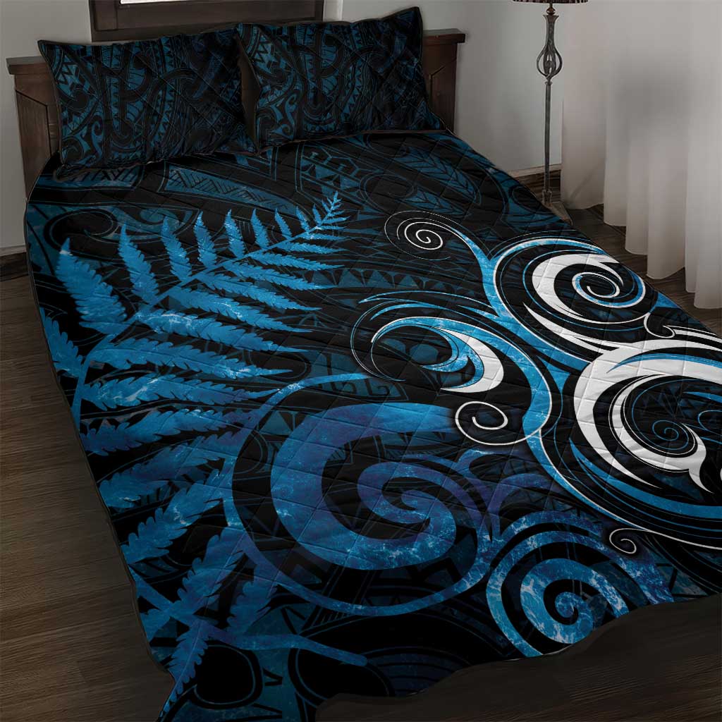 New Zealand Sea Week Quilt Bed Set Maori Wave Pattern Ocean Blue