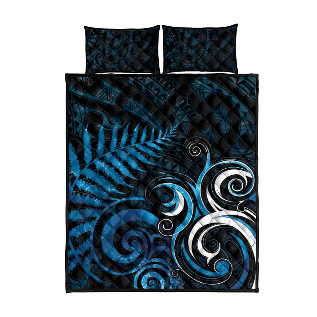 New Zealand Sea Week Quilt Bed Set Maori Wave Pattern Ocean Blue