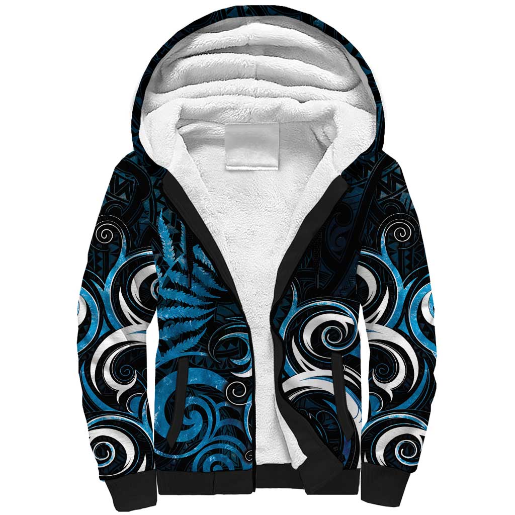 New Zealand Sea Week Sherpa Hoodie Maori Wave Pattern Ocean Blue