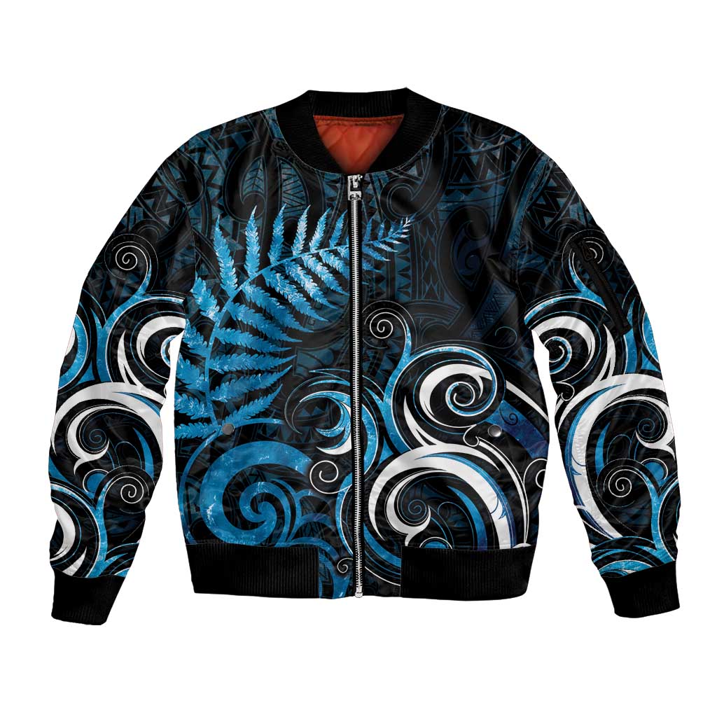 New Zealand Sea Week Sleeve Zip Bomber Jacket Maori Wave Pattern Ocean Blue