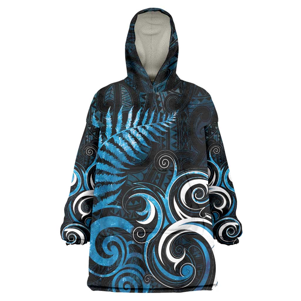 New Zealand Sea Week Wearable Blanket Hoodie Maori Wave Pattern Ocean Blue