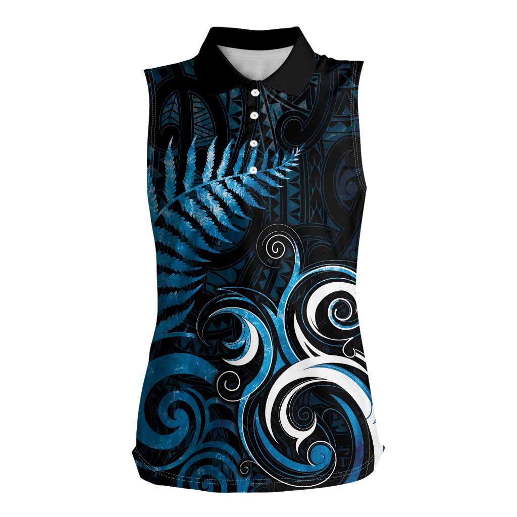 New Zealand Sea Week Women Sleeveless Polo Shirt Maori Wave Pattern Ocean Blue