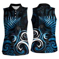 New Zealand Sea Week Women Sleeveless Polo Shirt Maori Wave Pattern Ocean Blue