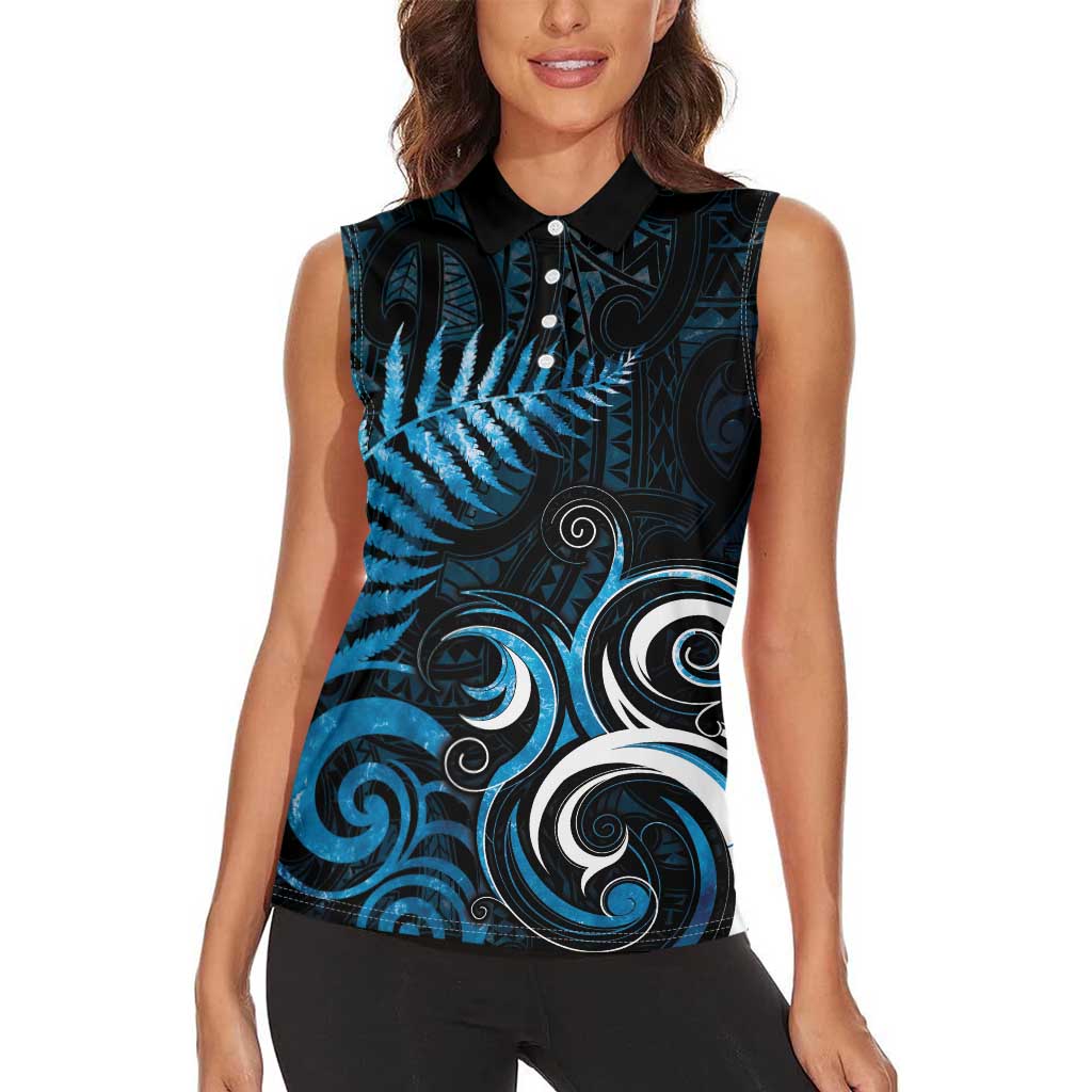 New Zealand Sea Week Women Sleeveless Polo Shirt Maori Wave Pattern Ocean Blue