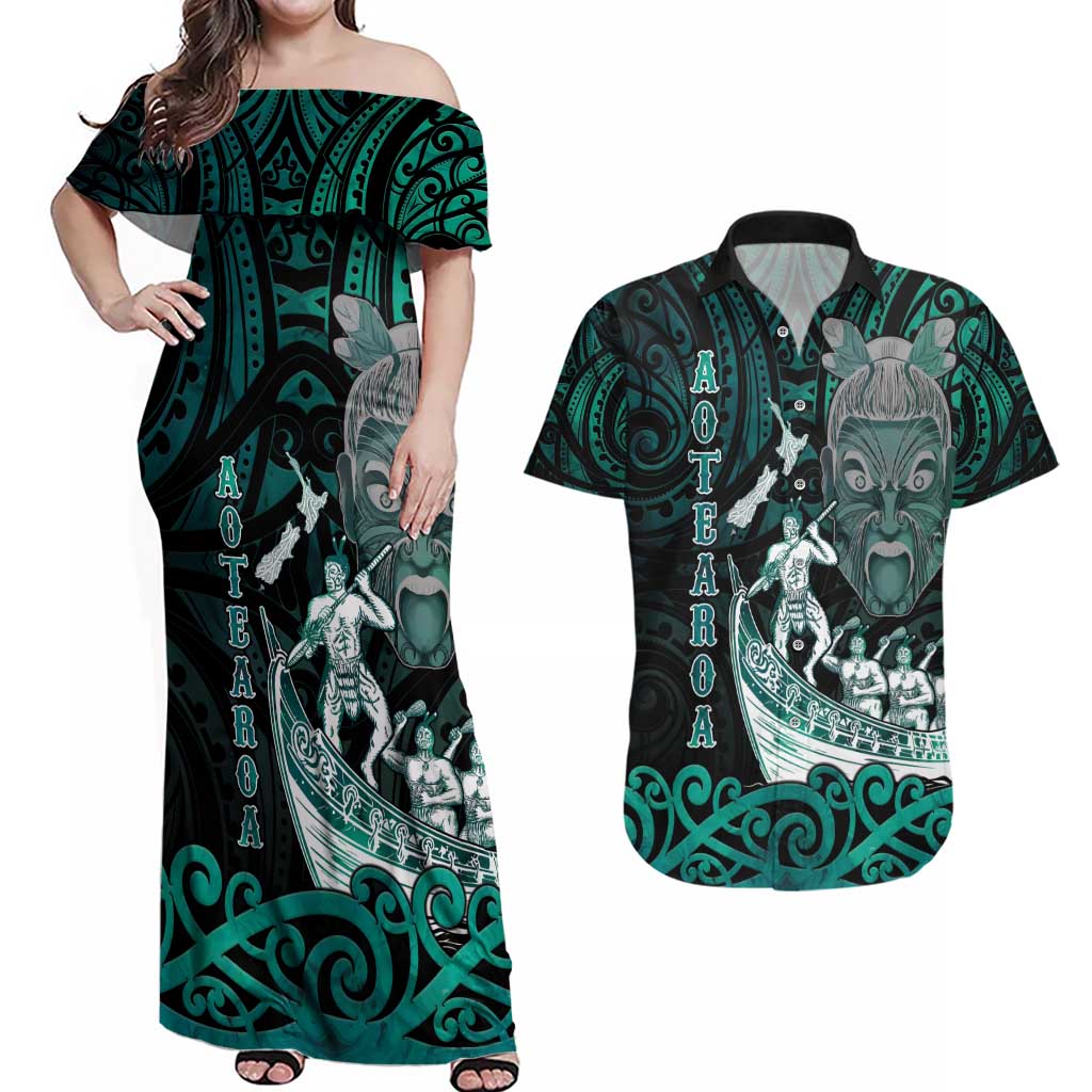 Personalised New Zealand Waka Racing Couples Matching Off Shoulder Maxi Dress and Hawaiian Shirt Maori Warriors