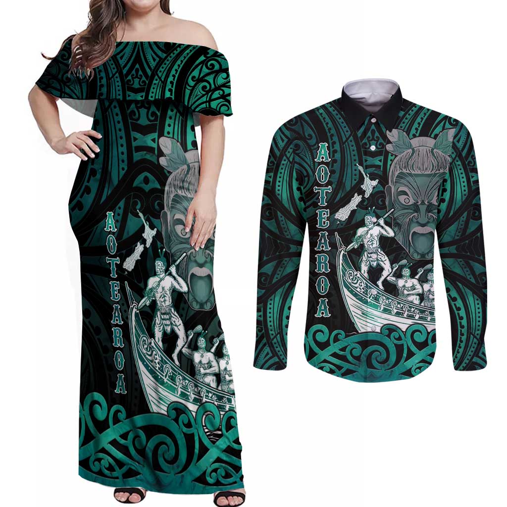 Personalised New Zealand Waka Racing Couples Matching Off Shoulder Maxi Dress and Long Sleeve Button Shirt Maori Warriors