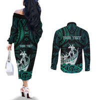 Personalised New Zealand Waka Racing Couples Matching Off The Shoulder Long Sleeve Dress and Long Sleeve Button Shirt Maori Warriors LT05 - Polynesian Pride