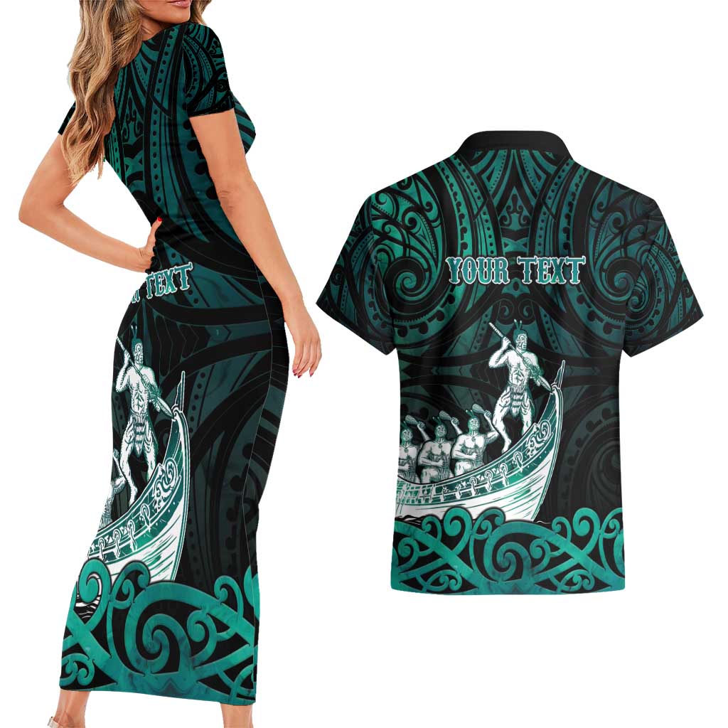 Personalised New Zealand Waka Racing Couples Matching Short Sleeve Bodycon Dress and Hawaiian Shirt Maori Warriors