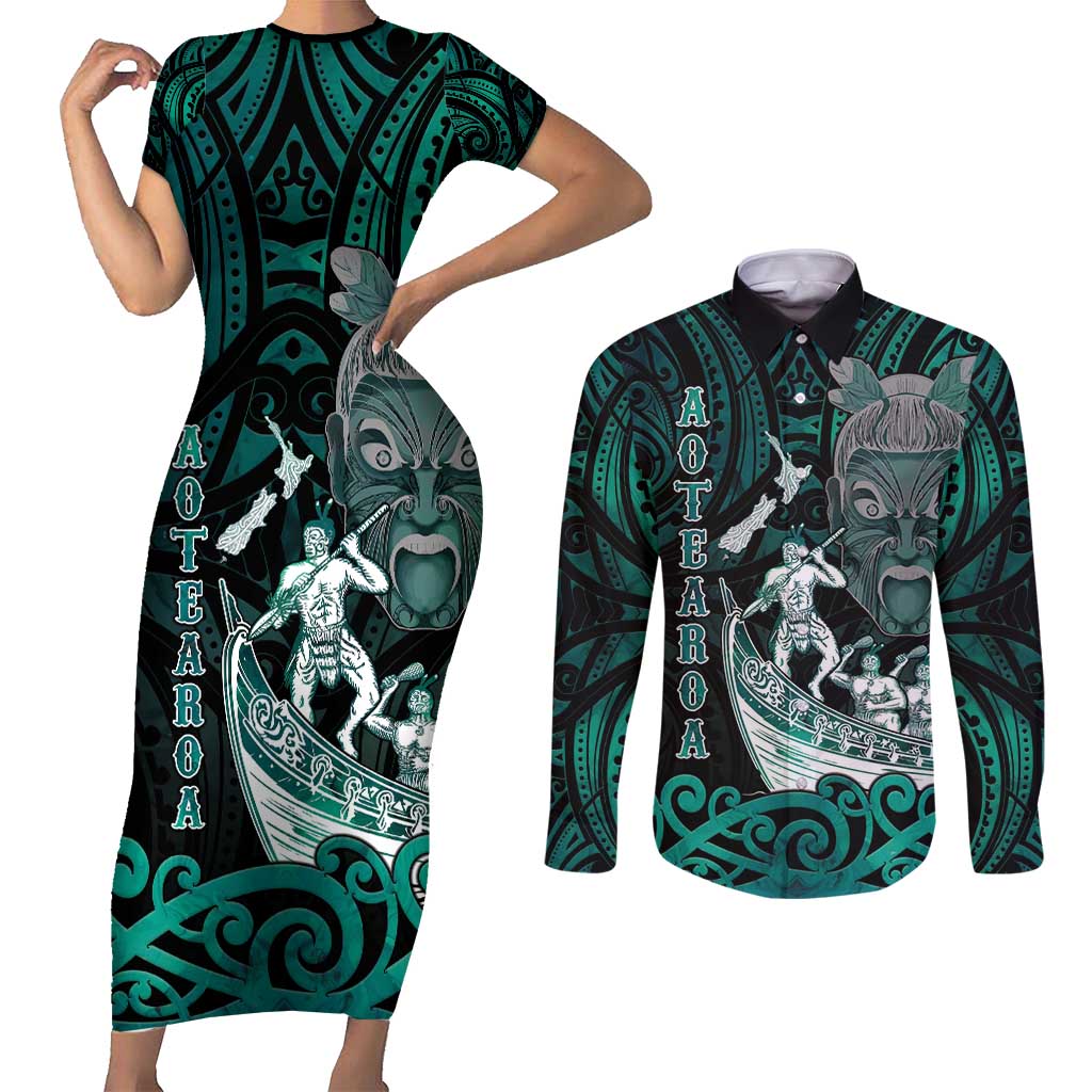 Personalised New Zealand Waka Racing Couples Matching Short Sleeve Bodycon Dress and Long Sleeve Button Shirt Maori Warriors