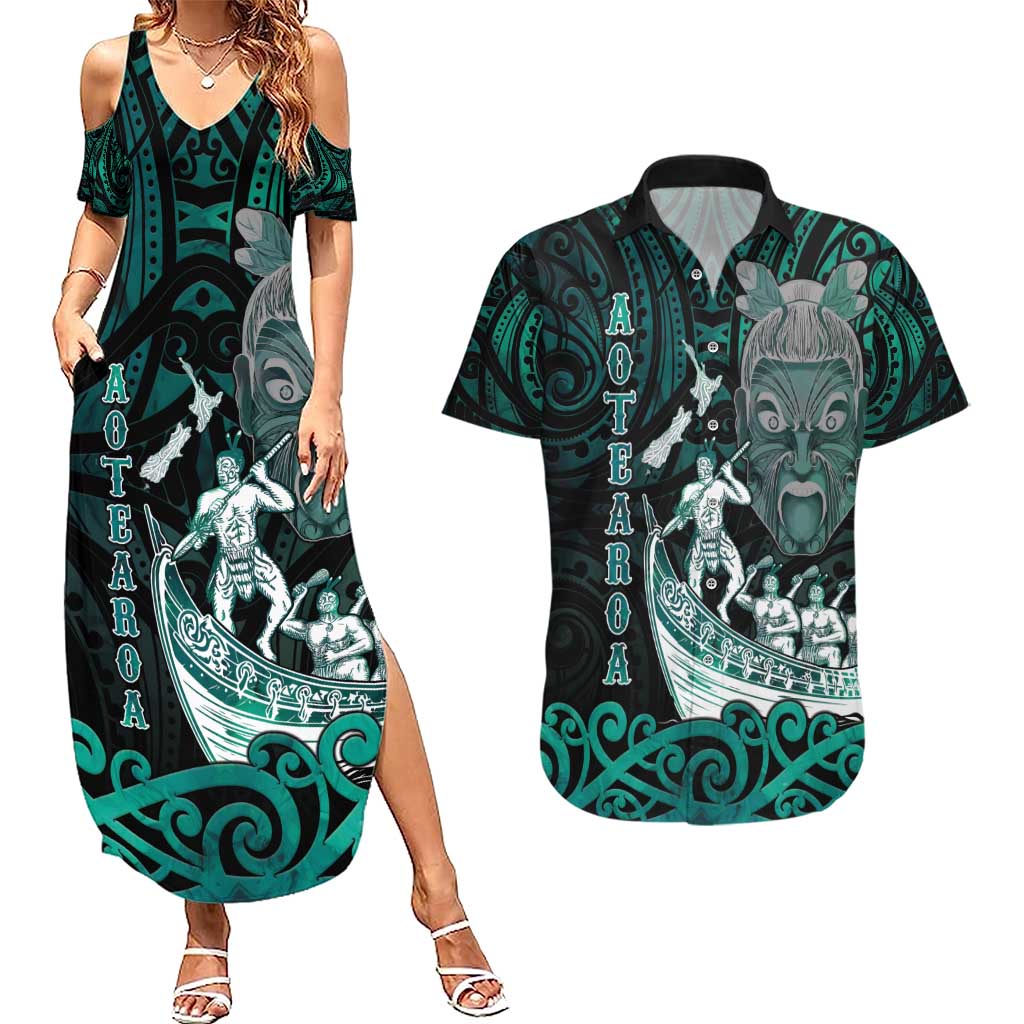 Personalised New Zealand Waka Racing Couples Matching Summer Maxi Dress and Hawaiian Shirt Maori Warriors