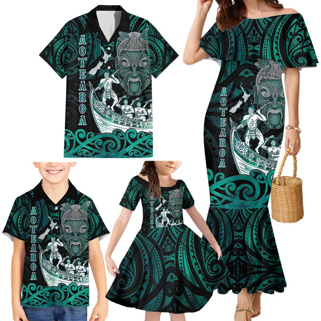 Personalised New Zealand Waka Racing Family Matching Mermaid Dress and Hawaiian Shirt Maori Warriors