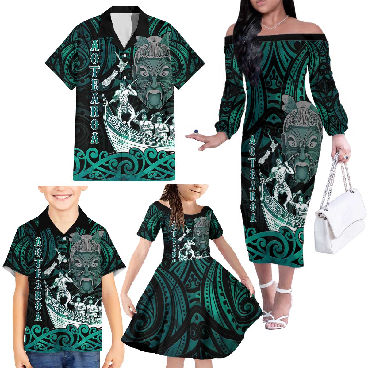 Personalised New Zealand Waka Racing Family Matching Off The Shoulder Long Sleeve Dress and Hawaiian Shirt Maori Warriors