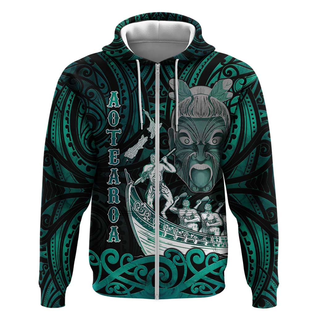 Personalised New Zealand Waka Racing Zip Hoodie Maori Warriors LT05 Zip Hoodie Green - Polynesian Pride