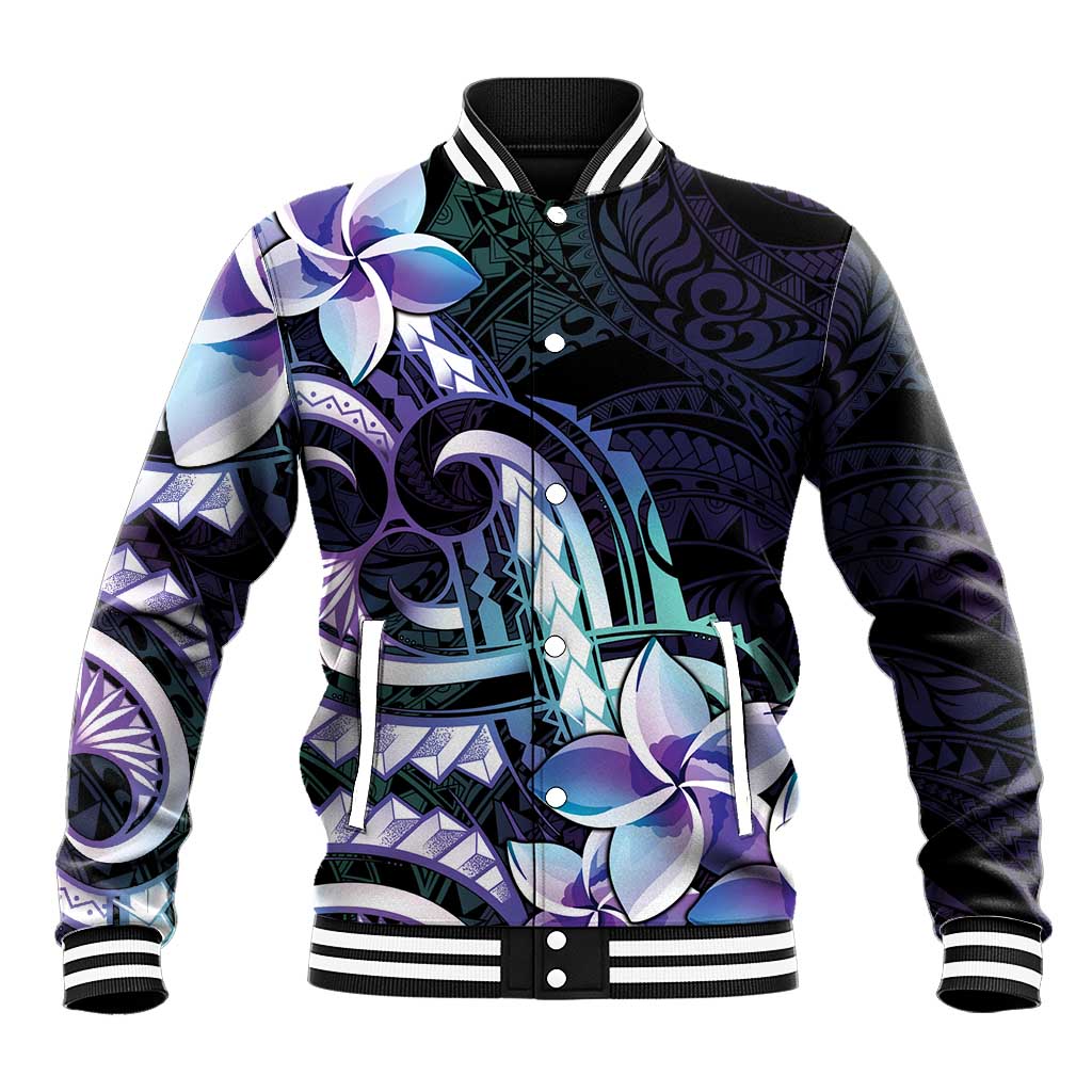 Polynesian Art Tattoo Baseball Jacket Plumeria Flowers Turquoise Gradient
