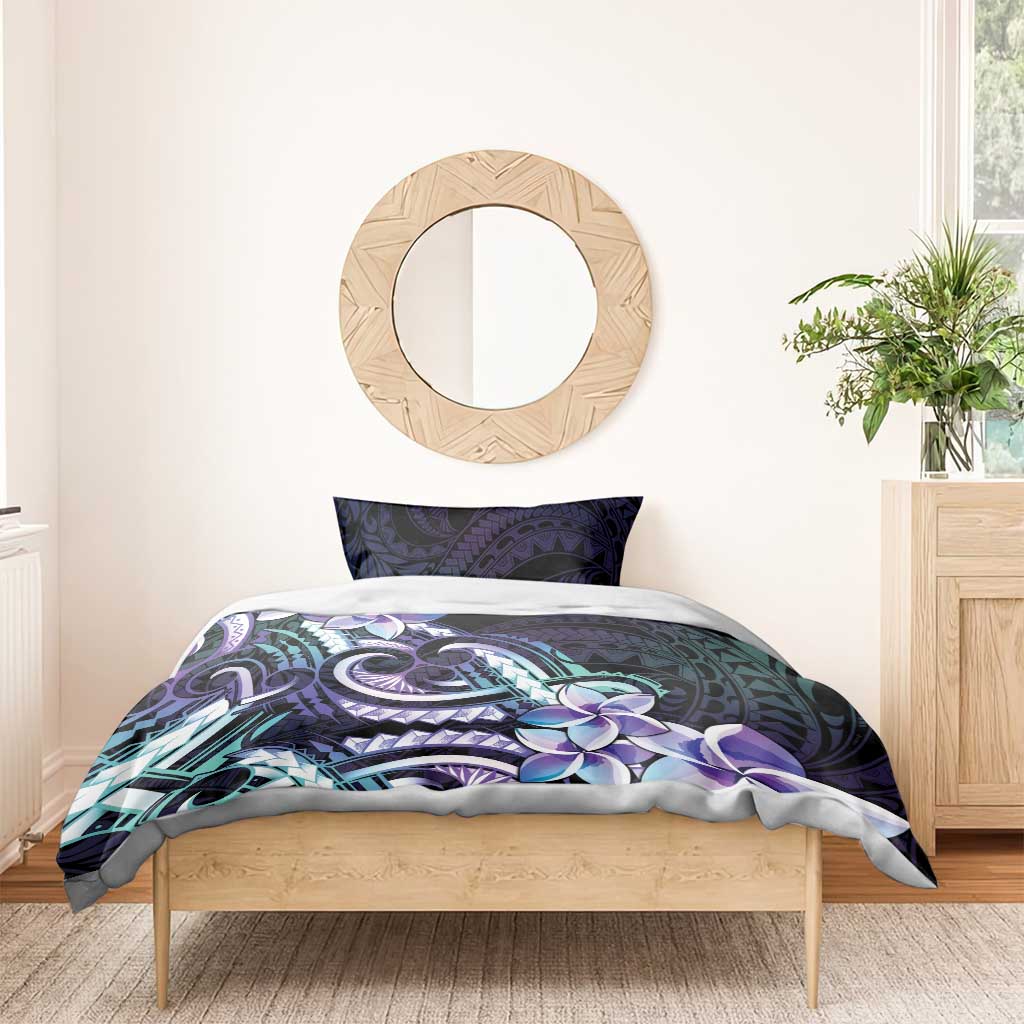 Polynesian Art Tattoo Bedding Set Plumeria Flowers Turquoise Gradient