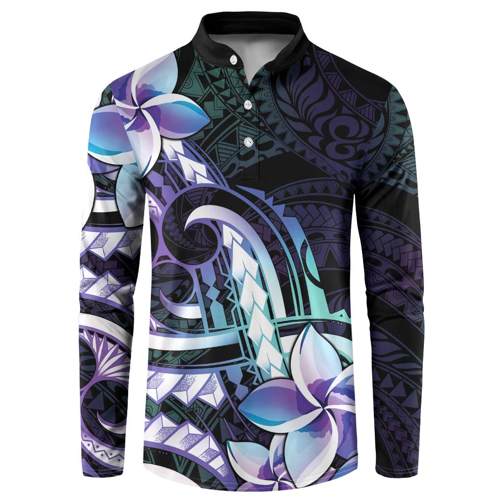 Polynesian Art Tattoo Button Sweatshirt Plumeria Flowers Turquoise Gradient