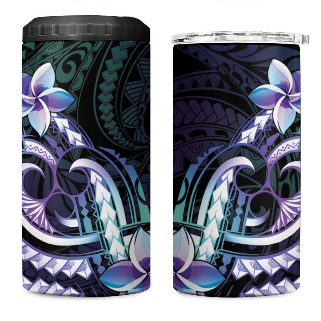 Polynesian Art Tattoo 4 in 1 Can Cooler Tumbler Plumeria Flowers Turquoise Gradient